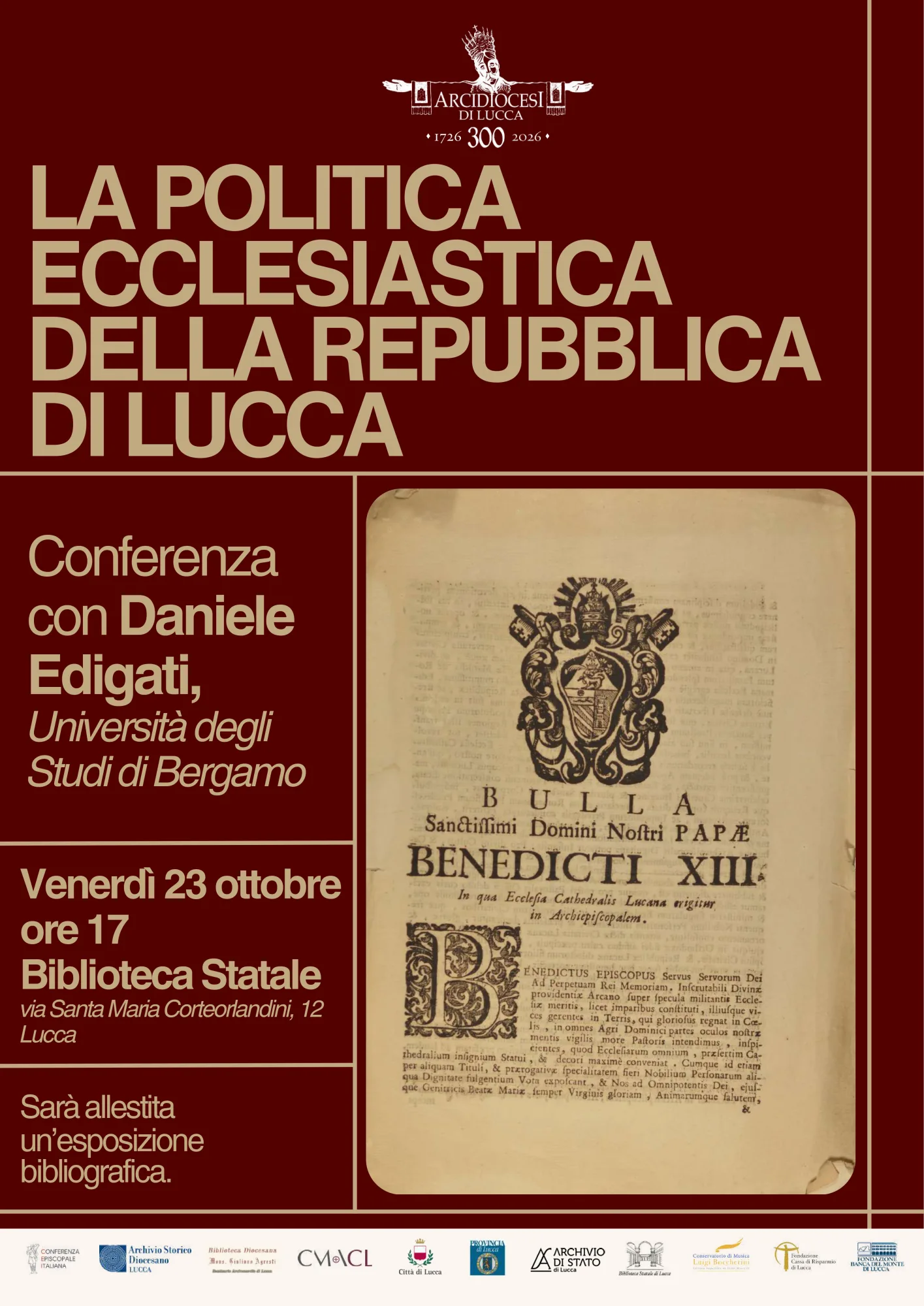 conferenza del prof. edigati in la politica ecclesiastica della repubblica di lucca venerdì 23 ore 17